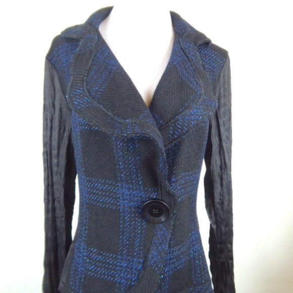 ALBERTO MAKALI blue black plaid cardigan sweater jacket mixed media L